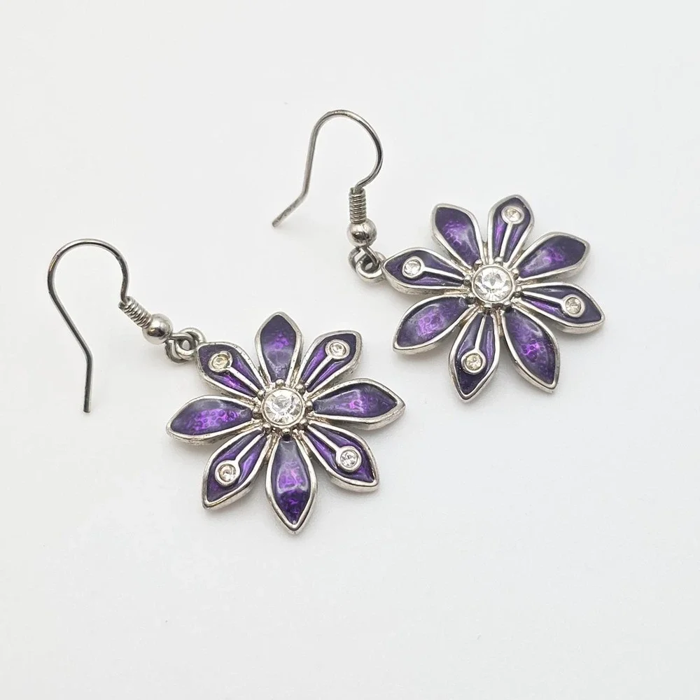 Signed C Earrings Purple Enamel Flower Clear Crystal Accents Dangle Silver‎ Tone
